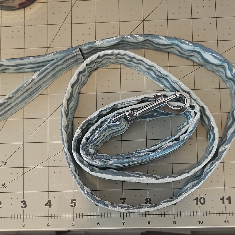Light Blue and White Striped Dog Leash with Silver Hardware